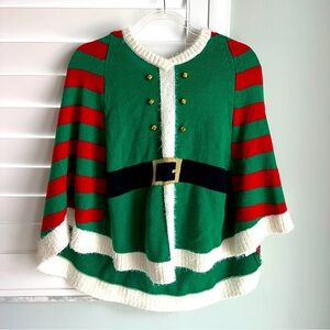 It’s Our Time Womens Elf Multicolor Knit Christmas Poncho w/hood & bells! Size M